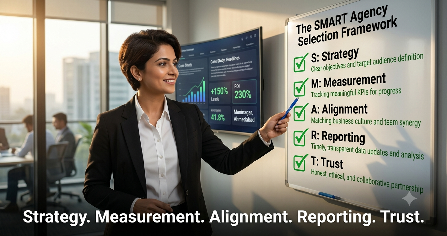 SMART Agency Selection Framework explaining Strategy, Measurement, Alignment, Reporting, and Trust for choosing the best digital marketing agency in Ahmedabad by FT Nexavvy Private Limited.