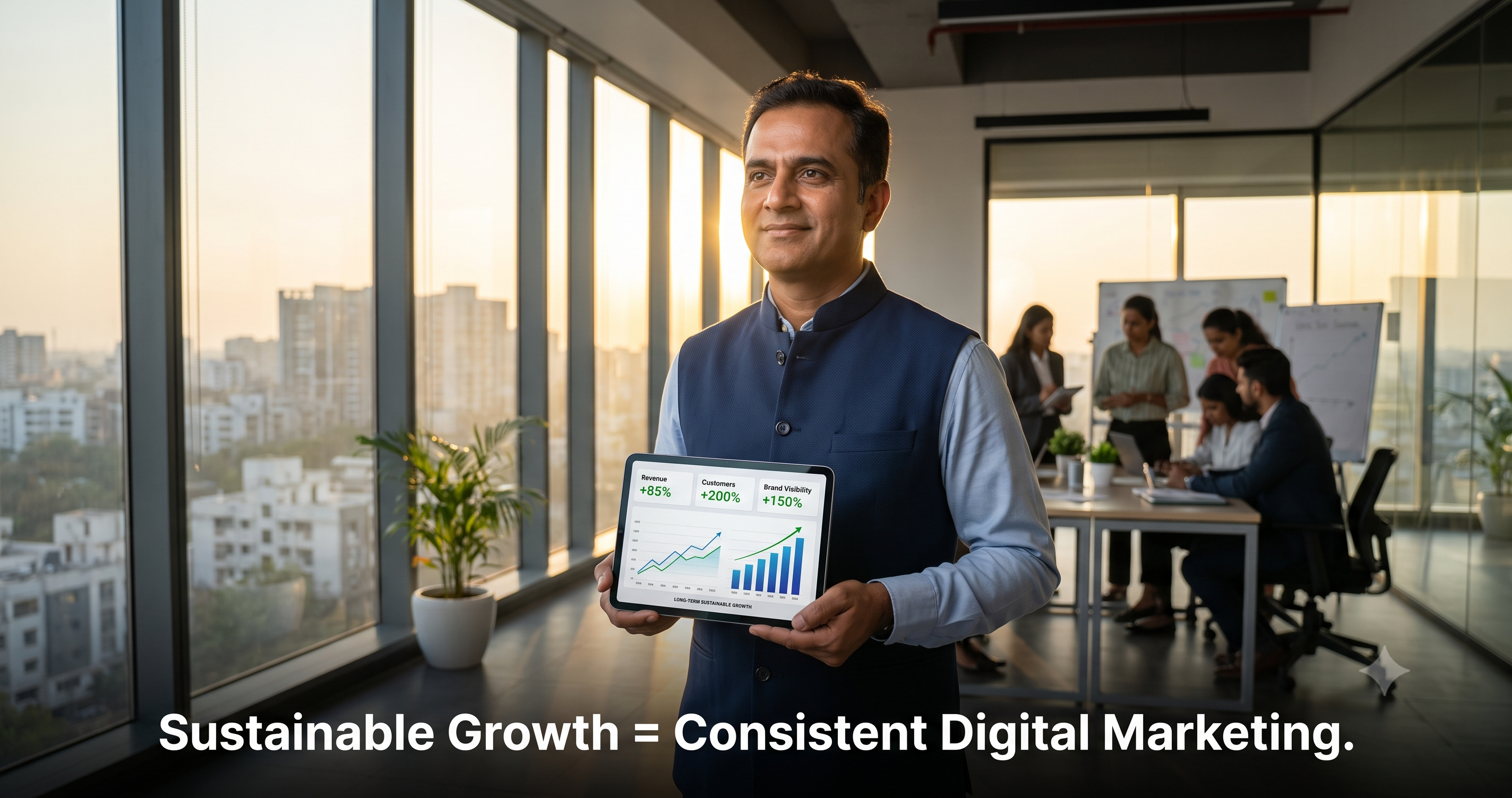 Business professional presenting digital marketing growth metrics showing increased revenue, customer growth, and brand visibility through consistent digital marketing strategies by FT Nexavvy Private Limited.