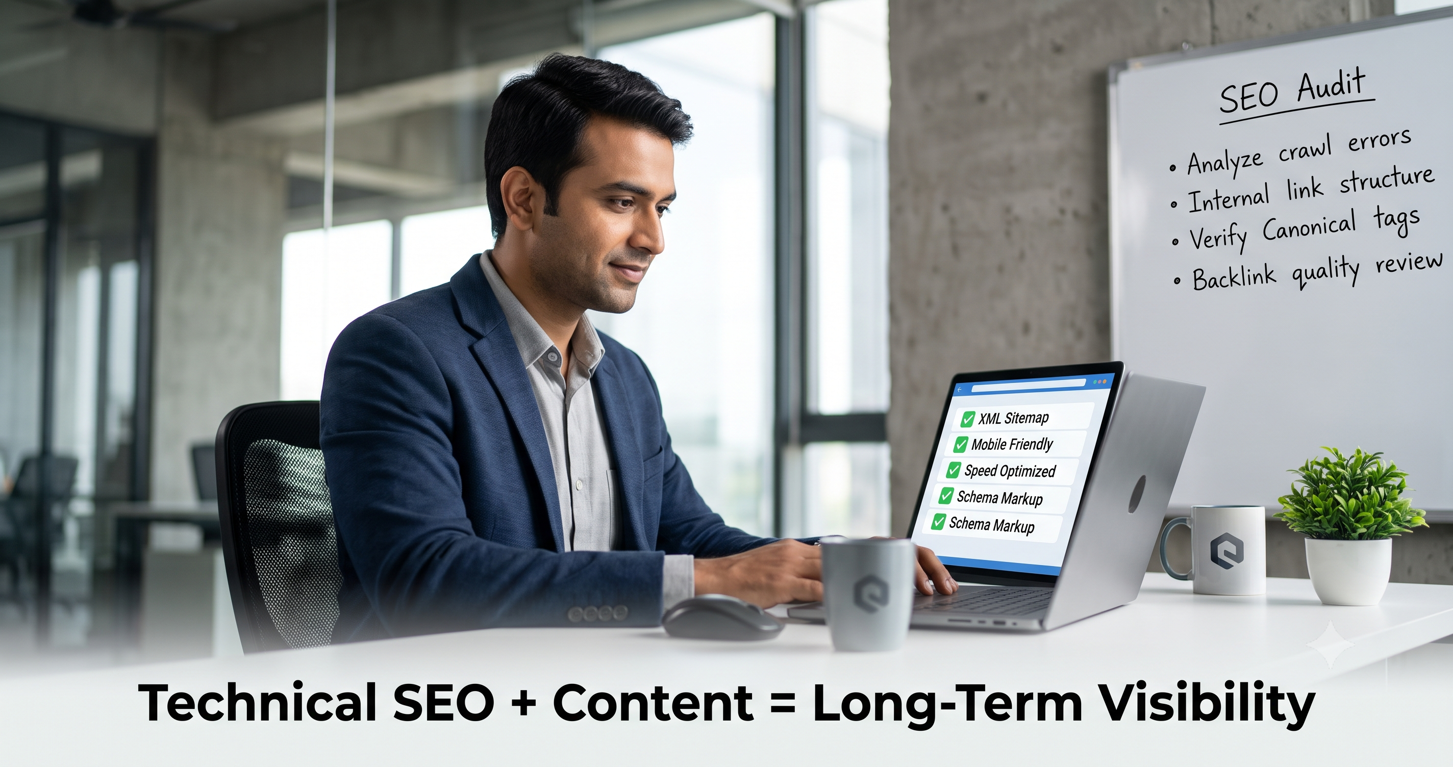 Technical SEO audit showing website optimization tasks including XML sitemap, mobile-friendly design, page speed optimization, schema markup, canonical tags, internal linking, and crawl error analysis by FT Nexavvy Private Limited.