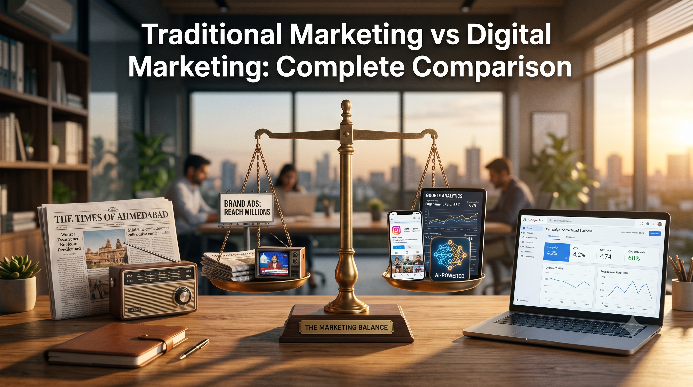 Comparison between traditional marketing and digital marketing showing newspapers, radio, television, social media, analytics, AI-powered advertising, and Google Ads for modern business growth.