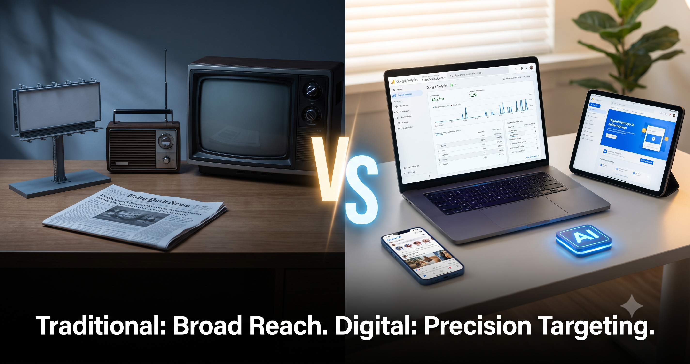 Traditional marketing versus digital marketing comparison showing billboard, newspaper, radio and television alongside Google Analytics, social media, AI, and digital advertising for precision audience targeting.