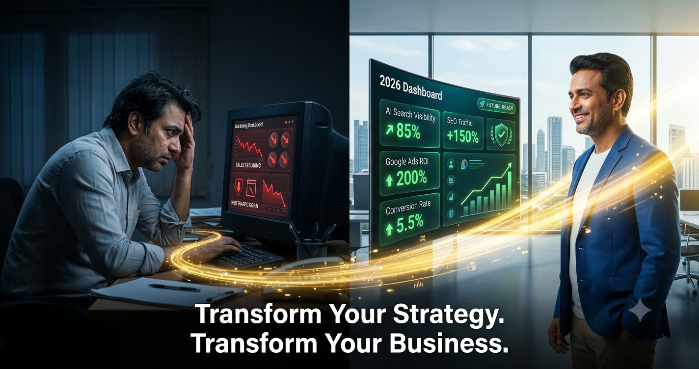 Split-screen illustration comparing a struggling business with declining sales and a successful business using digital marketing dashboards, AI search visibility, Google Ads, SEO, and conversion optimization to drive business growth.