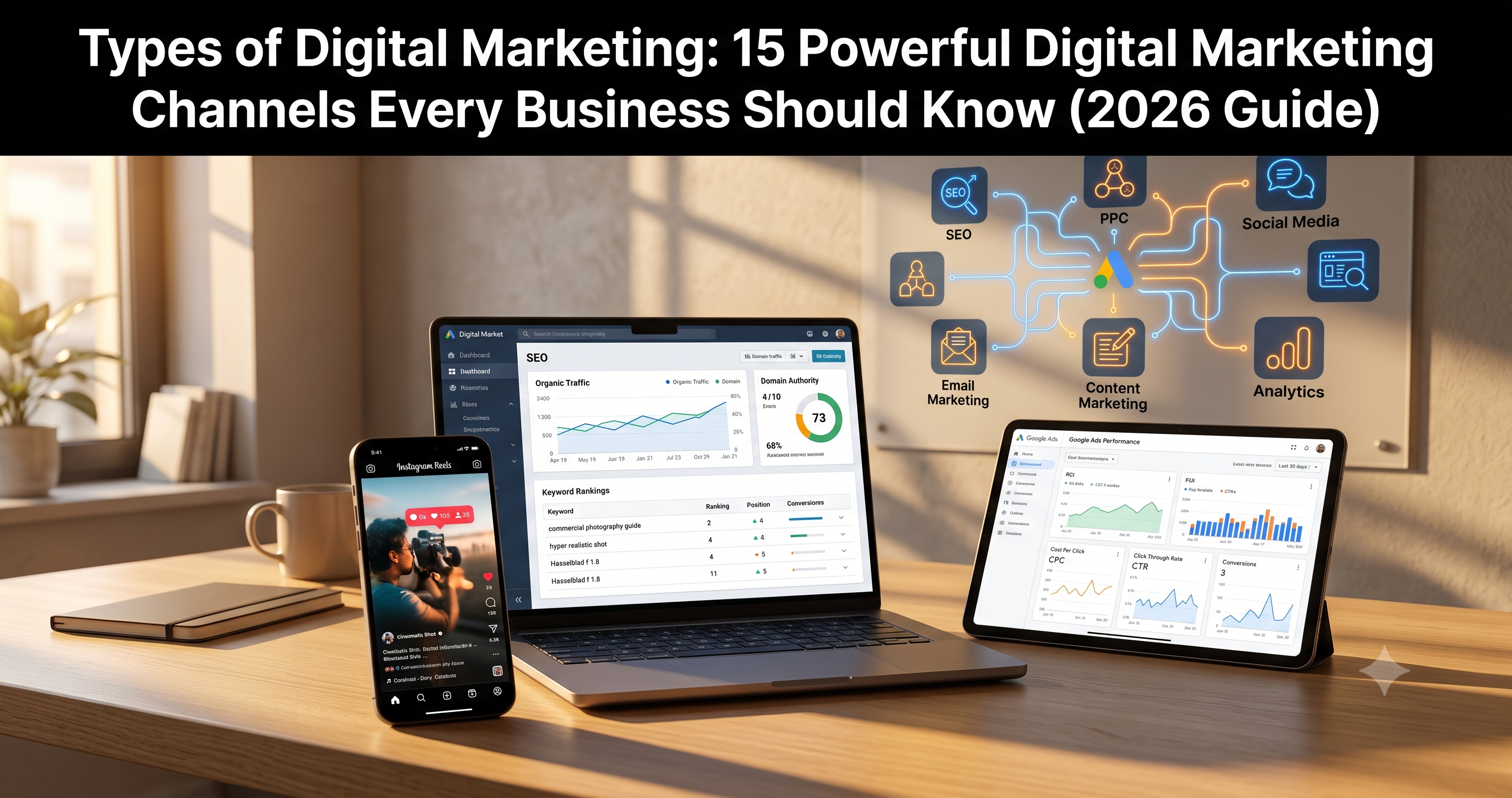 Illustration of the 15 types of digital marketing channels, including SEO, PPC, content marketing, email marketing, social media marketing, and analytics, by FT Nexavvy Private Limited.