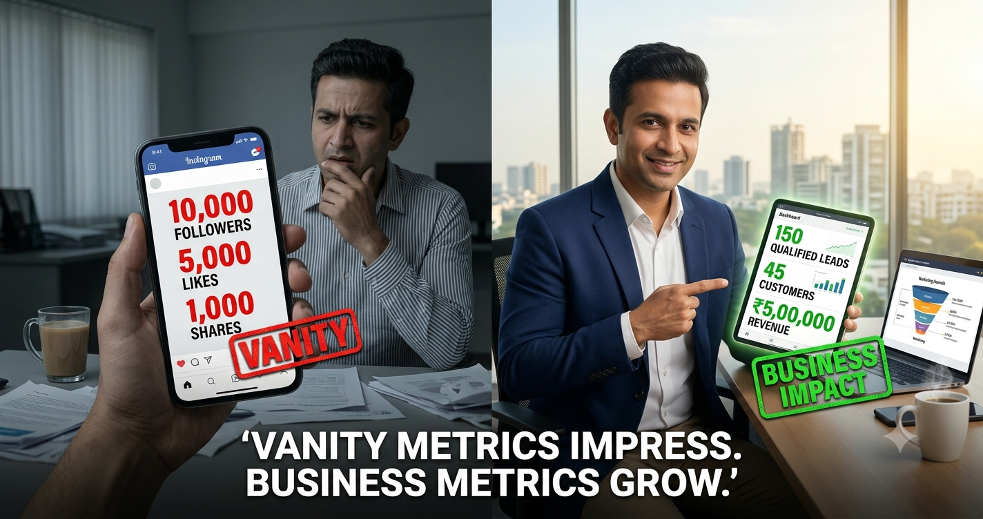 Split-screen comparison showing vanity metrics like followers, likes, and shares versus business metrics such as qualified leads, customers, and revenue generated through digital marketing.