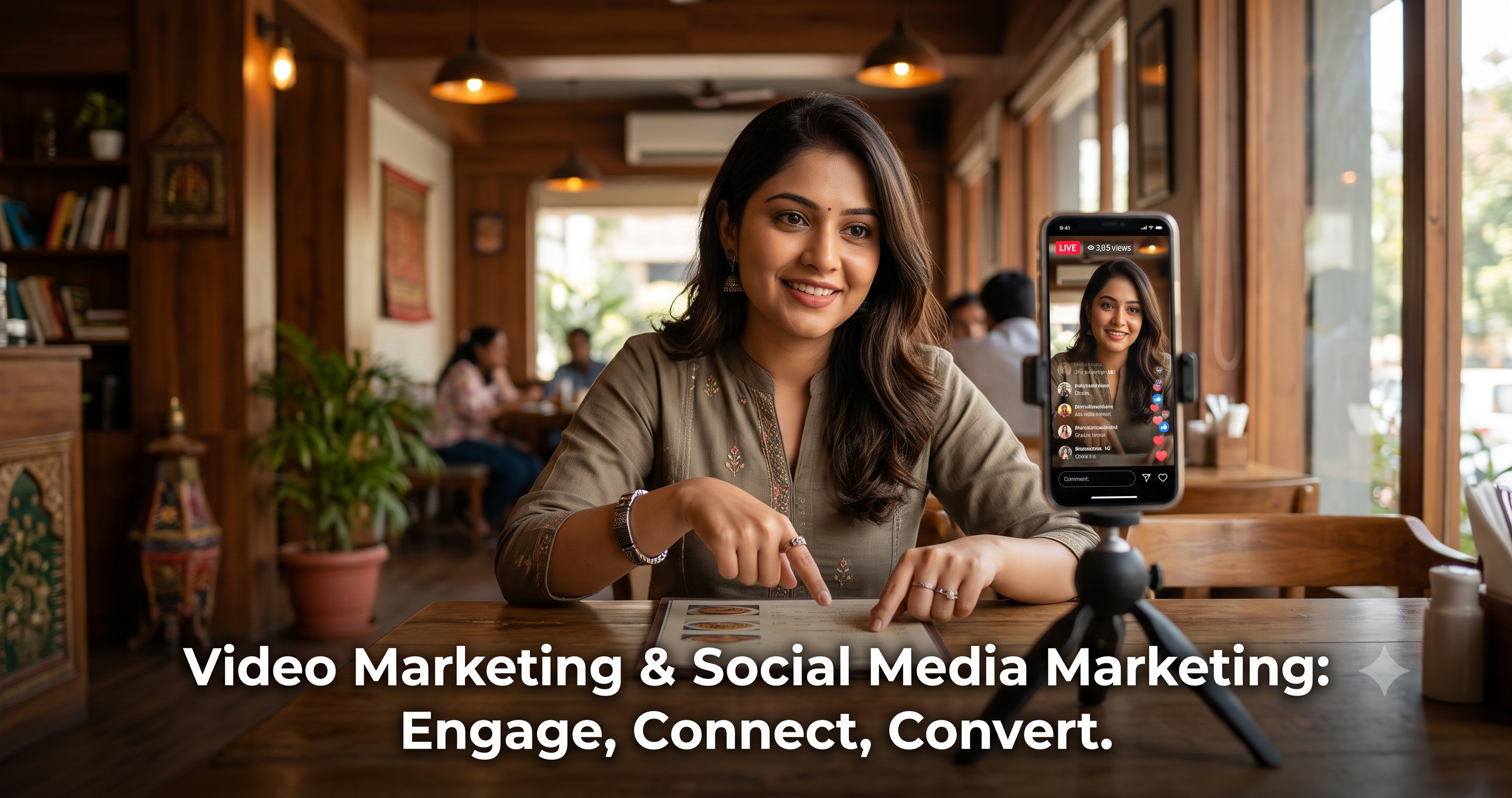 Business creator demonstrating video marketing and social media marketing through live streaming and short-form content to increase audience engagement, brand awareness, and conversions by FT Nexavvy Private Limited.