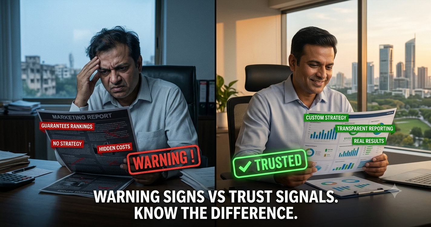 Comparison showing warning signs versus trust signals when choosing a digital marketing agency, highlighting transparency, custom strategy, reporting, and real business results by FT Nexavvy Private Limited.