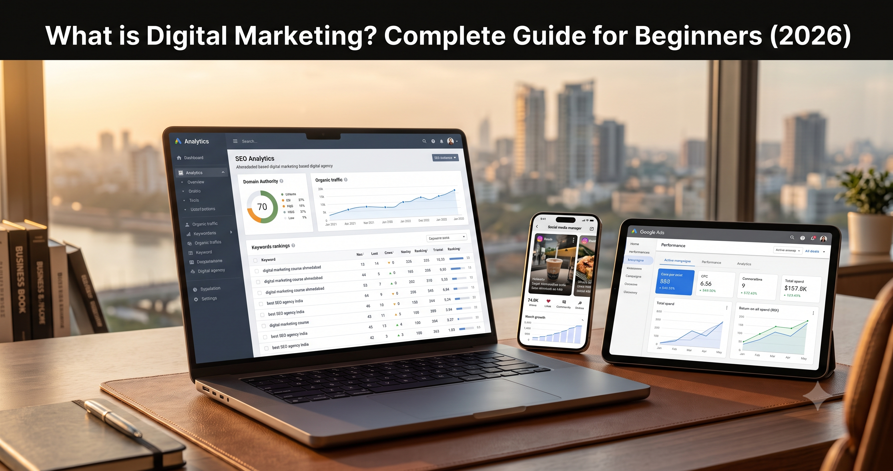 Digital marketing dashboard showing SEO analytics, Google Ads performance, and social media marketing tools for beginners by FT Nexavvy.
